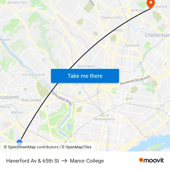 Haverford Av & 65th St to Manor College map