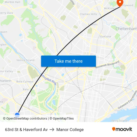 63rd St & Haverford Av to Manor College map