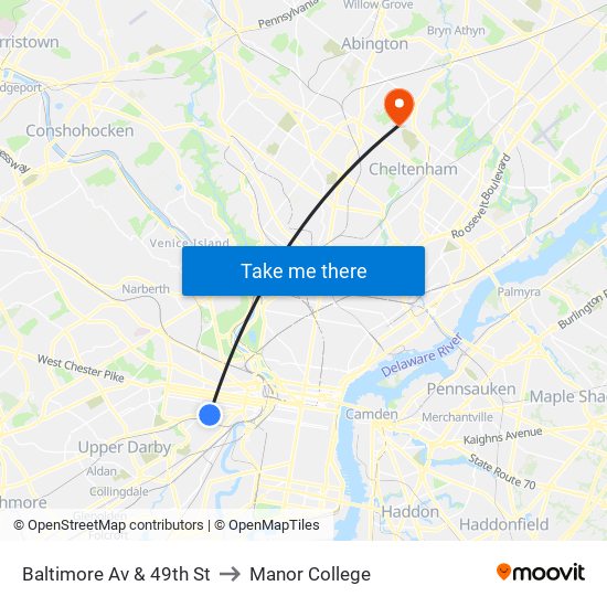 Baltimore Av & 49th St to Manor College map