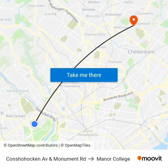 Conshohocken Av & Monument Rd to Manor College map