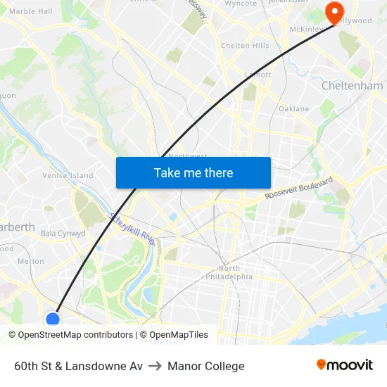 60th St & Lansdowne Av to Manor College map