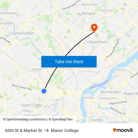 60th St & Market St to Manor College map