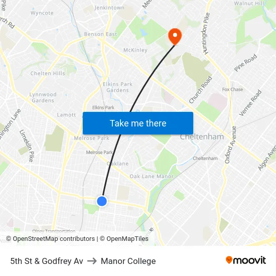 5th St & Godfrey Av to Manor College map