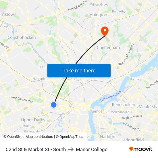 52nd St & Market St - South to Manor College map