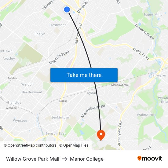 Willow Grove Park Mall to Manor College map