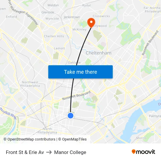 Front St & Erie Av to Manor College map