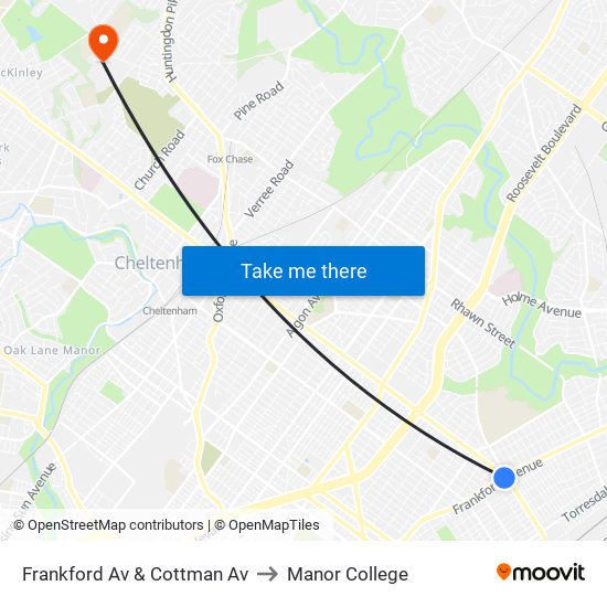 Frankford Av & Cottman Av to Manor College map