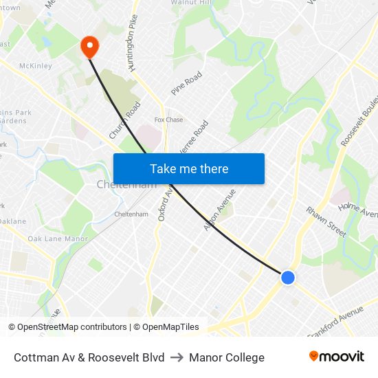 Cottman Av & Roosevelt Blvd to Manor College map