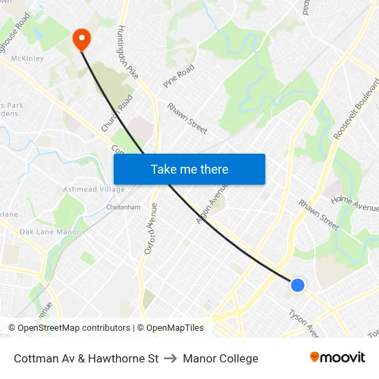 Cottman Av & Hawthorne St to Manor College map