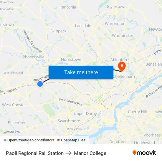 Paoli Regional Rail Station to Manor College map