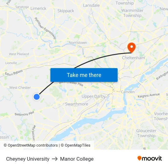 Cheyney University to Manor College map