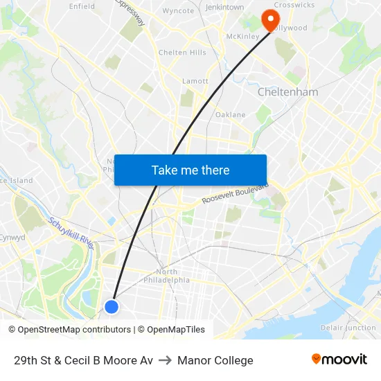 29th St & Cecil B Moore Av to Manor College map