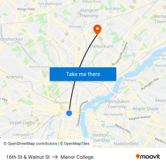 16th St & Walnut St to Manor College map