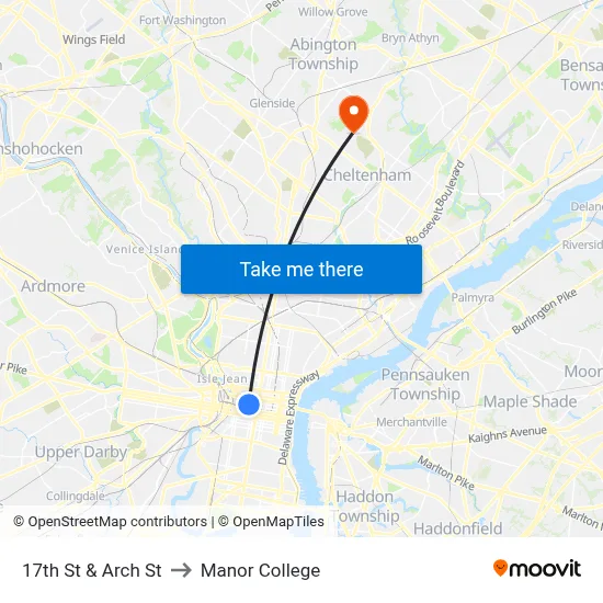 17th St & Arch St to Manor College map
