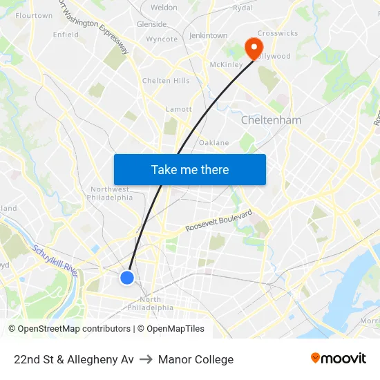 22nd St & Allegheny Av to Manor College map