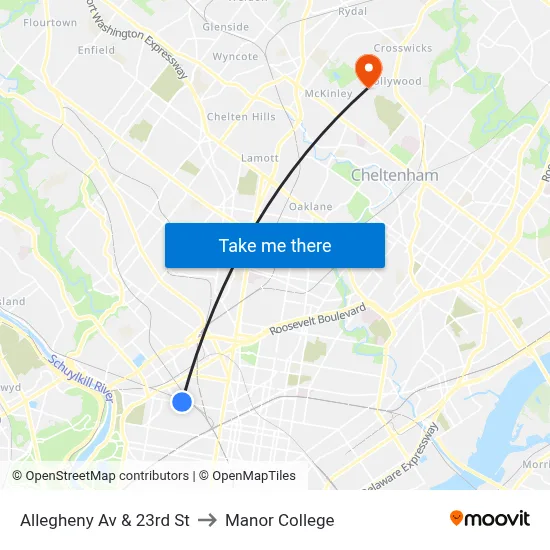 Allegheny Av & 23rd St to Manor College map