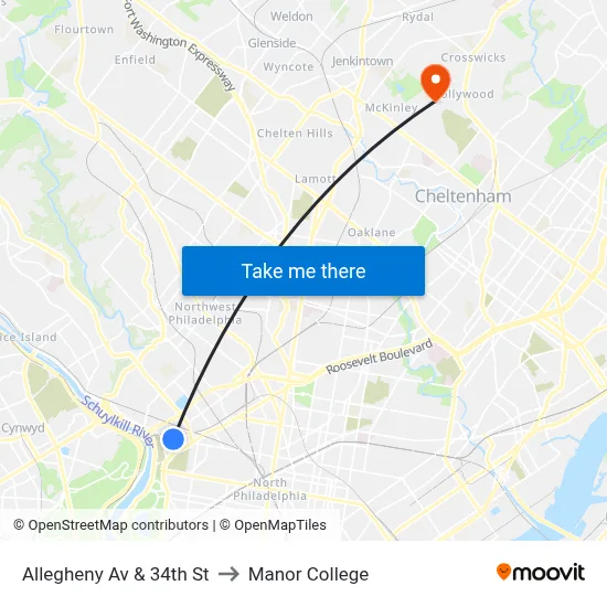 Allegheny Av & 34th St to Manor College map