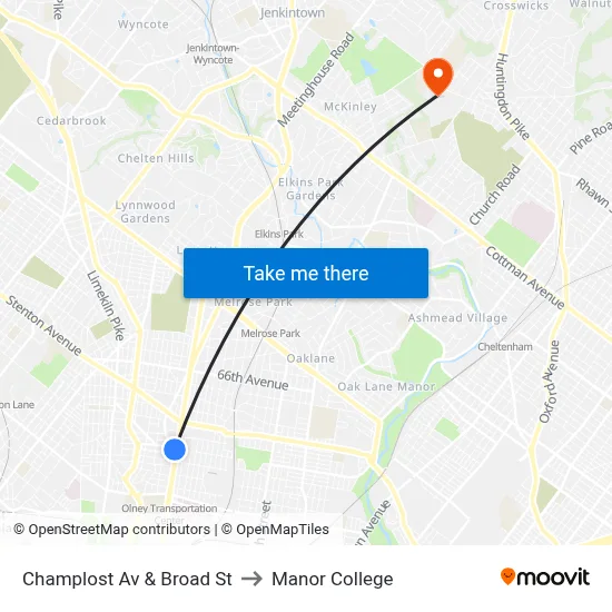 Champlost Av & Broad St to Manor College map