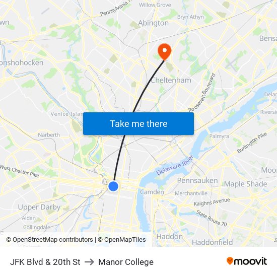 JFK Blvd & 20th St to Manor College map