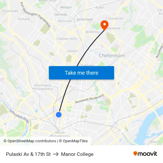 Pulaski Av & 17th St to Manor College map