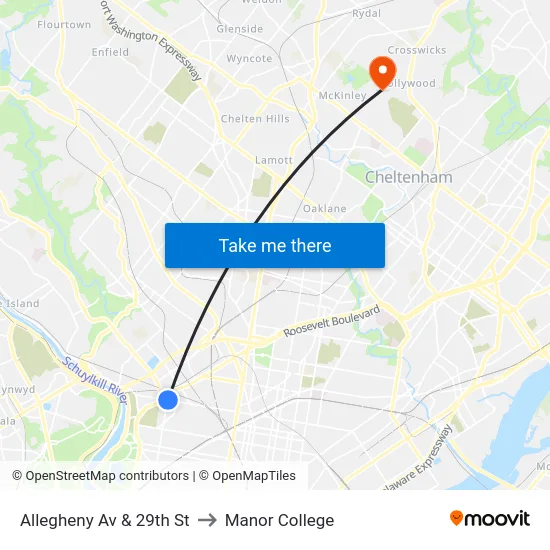 Allegheny Av & 29th St to Manor College map