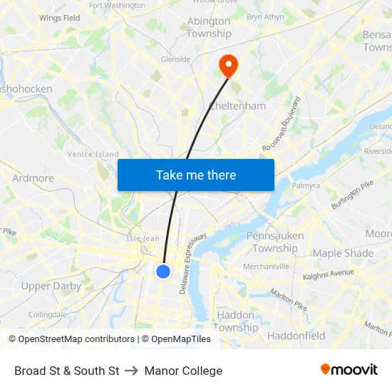 Broad St & South St to Manor College map