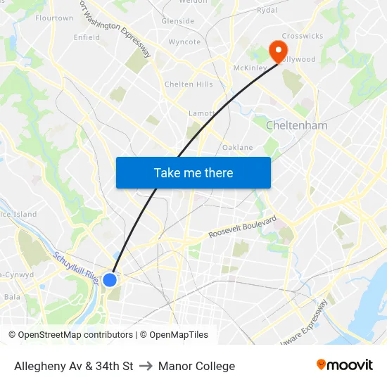 Allegheny Av & 34th St to Manor College map