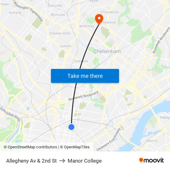 Allegheny Av & 2nd St to Manor College map