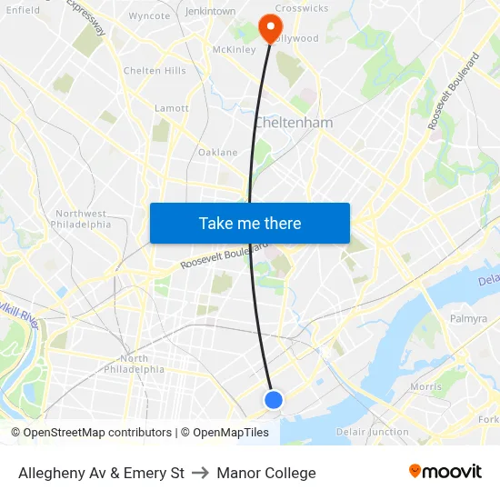 Allegheny Av & Emery St to Manor College map