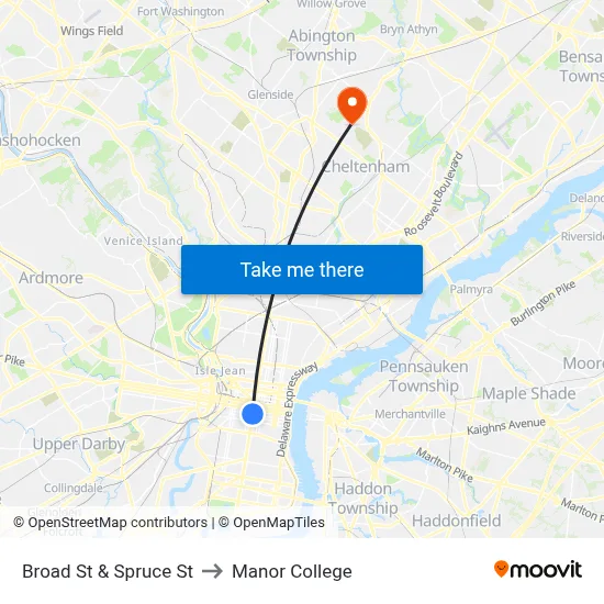 Broad St & Spruce St to Manor College map