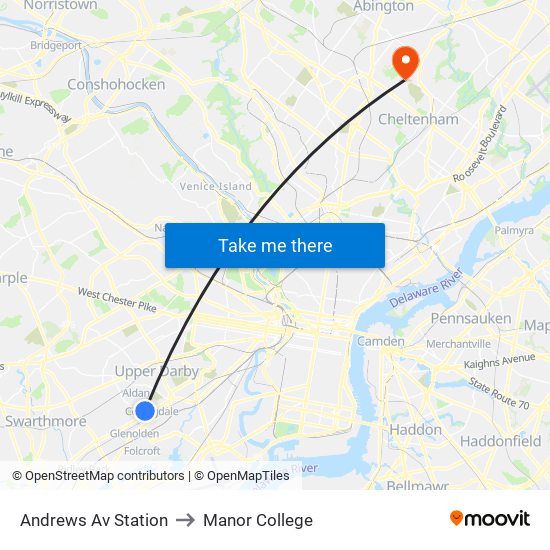 Andrews Av Station to Manor College map