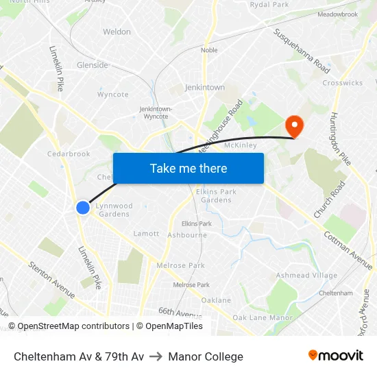 Cheltenham Av & 79th Av to Manor College map