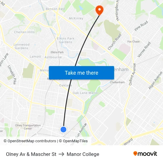 Olney Av & Mascher St to Manor College map