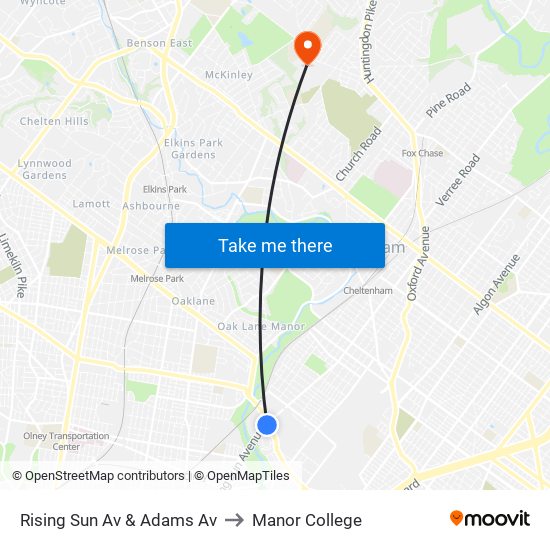 Rising Sun Av & Adams Av to Manor College map