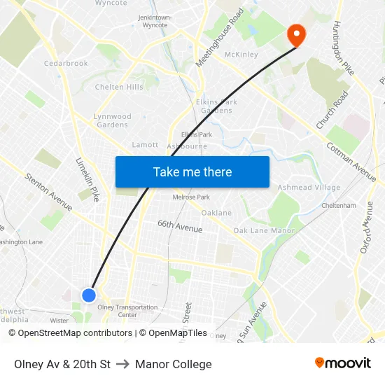 Olney Av & 20th St to Manor College map