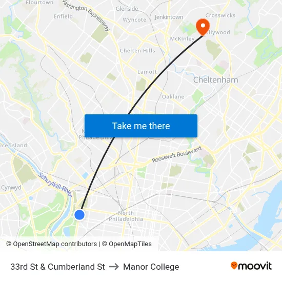 33rd St & Cumberland St to Manor College map