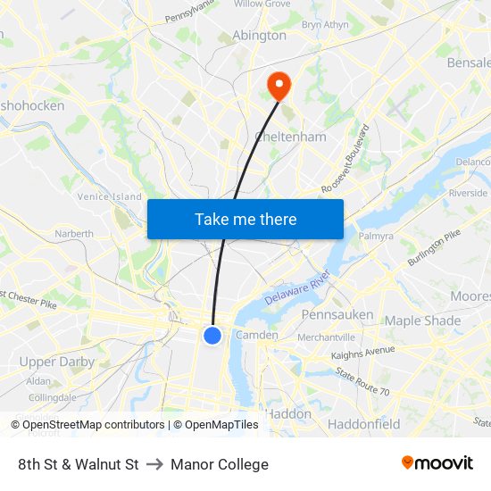 8th St & Walnut St to Manor College map