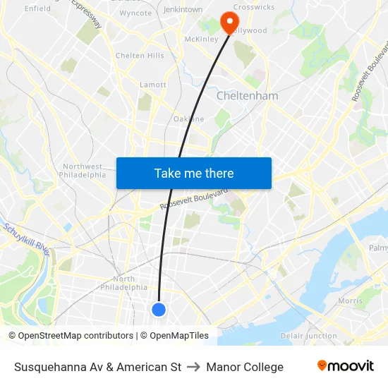 Susquehanna Av & American St to Manor College map