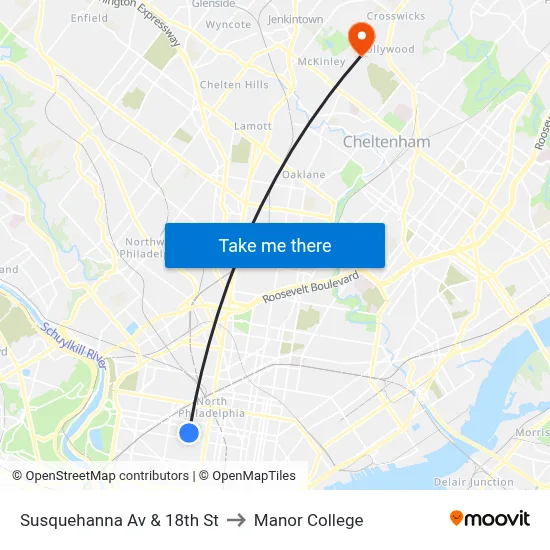Susquehanna Av & 18th St to Manor College map