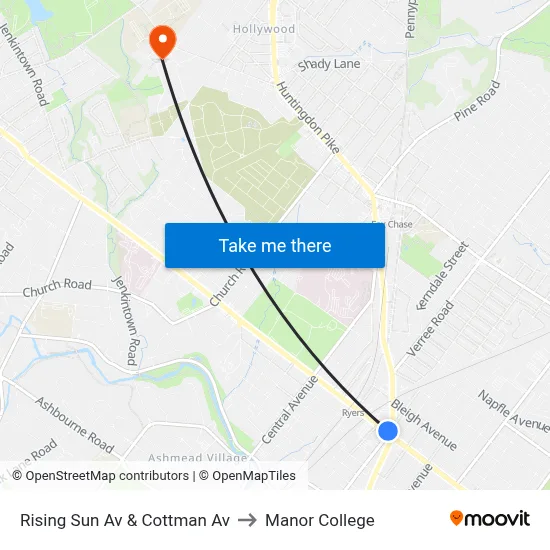 Rising Sun Av & Cottman Av to Manor College map