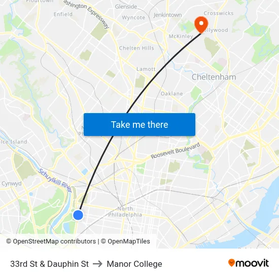 33rd St & Dauphin St to Manor College map