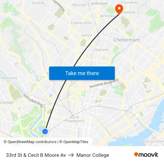 33rd St & Cecil B Moore Av to Manor College map