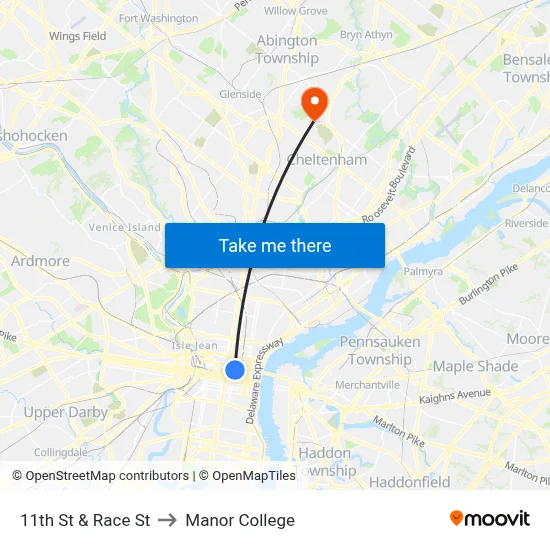 11th St & Race St to Manor College map