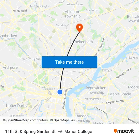 11th St & Spring Garden St to Manor College map