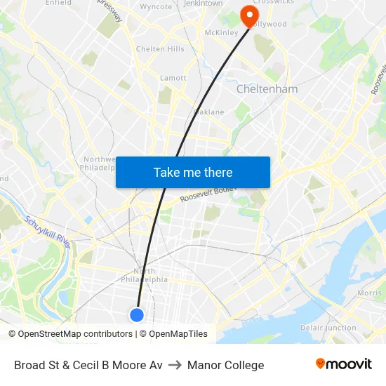 Broad St & Cecil B Moore Av to Manor College map