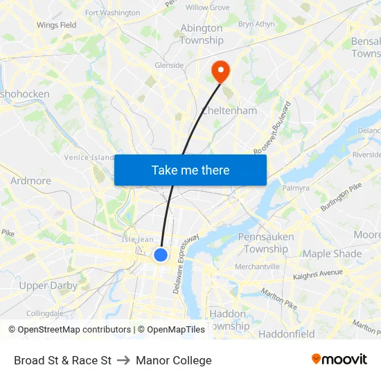 Broad St & Race St to Manor College map
