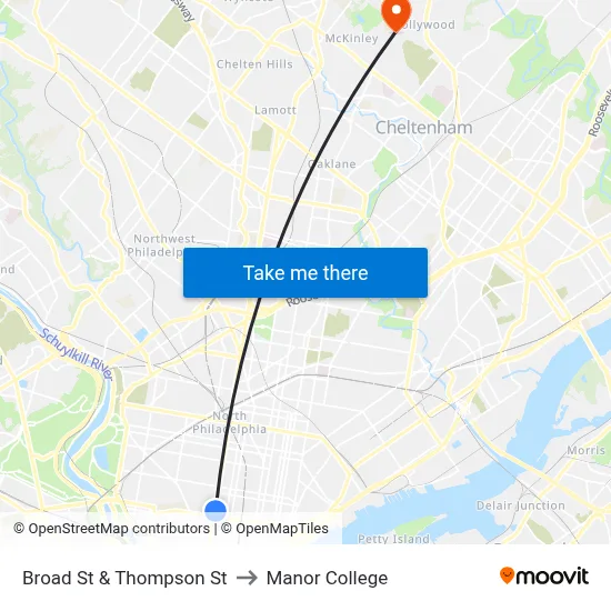 Broad St & Thompson St to Manor College map