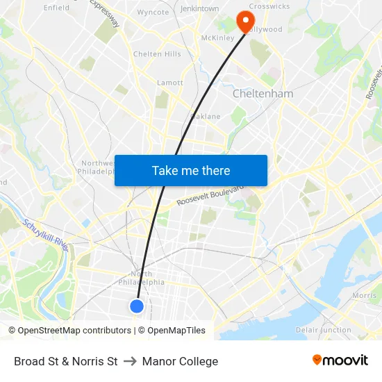 Broad St & Norris St to Manor College map