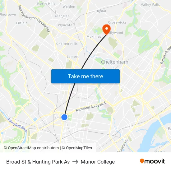 Broad St & Hunting Park Av to Manor College map