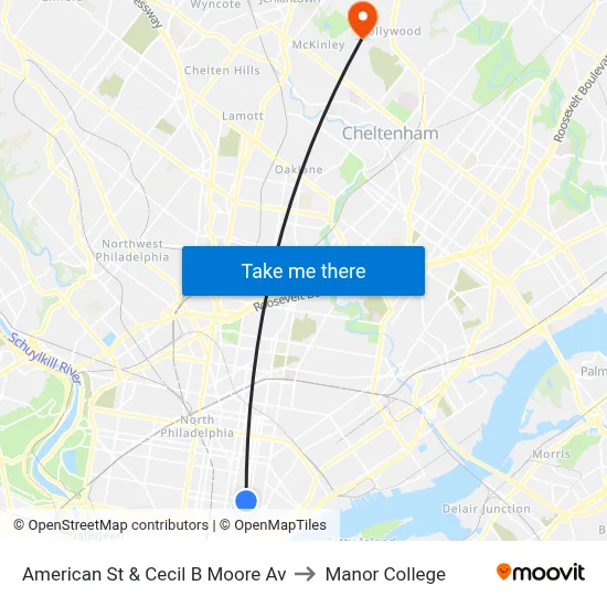 American St & Cecil B Moore Av to Manor College map